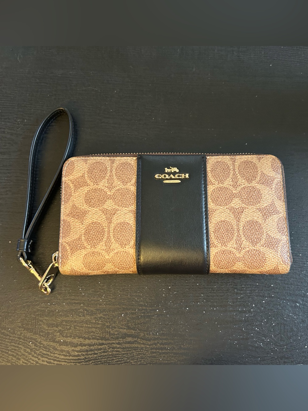 Coach Brown Signature Canvas Wristlet with Black Leather Accent